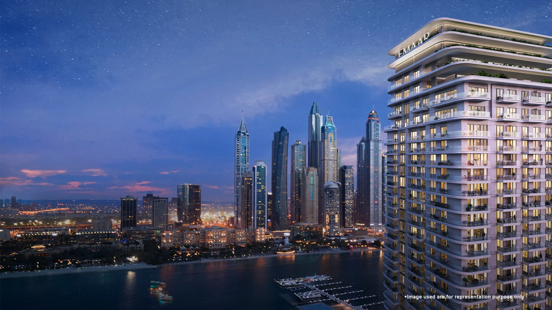 Emaar Beachgate By Address Apartments Towers with modern design luxury living at night view